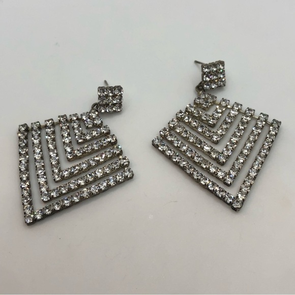 Vtg Rhinestone Silver Tone Dangle Statement Stud Earrings 2.5” - Picture 2 of 6